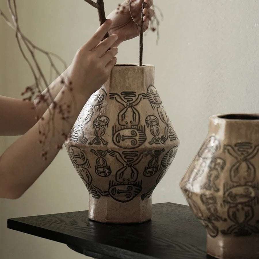 Hand-painted ceramic cylindrical table vase with vintage carved art and tribal totem flower patterns