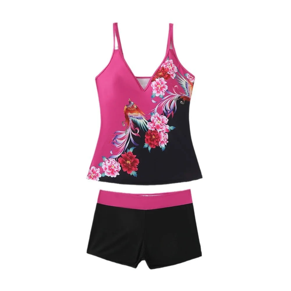 Plus size women's printed two-piece swimsuit in black or rose red with a cotton lining.