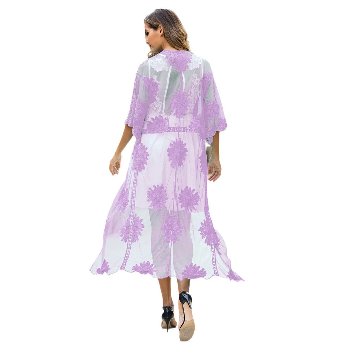 Light purple women's beach dress cardigan for swimming and beachwear.