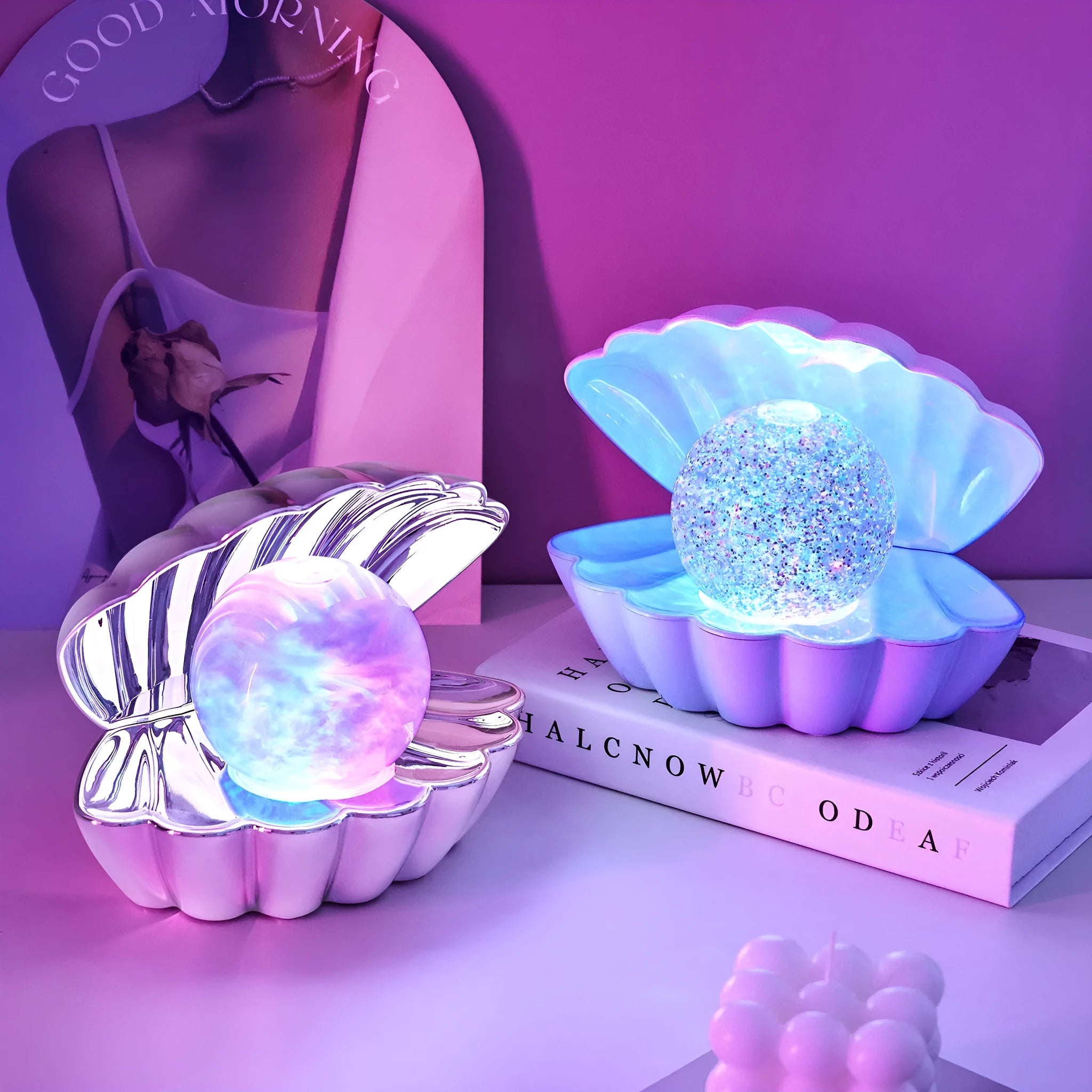 Shell-shaped small night lamp with neon ambience lighting on a table.