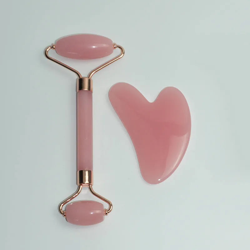 Stainless steel facial massage roller and scraping plate set with heart-shaped eye meridian design