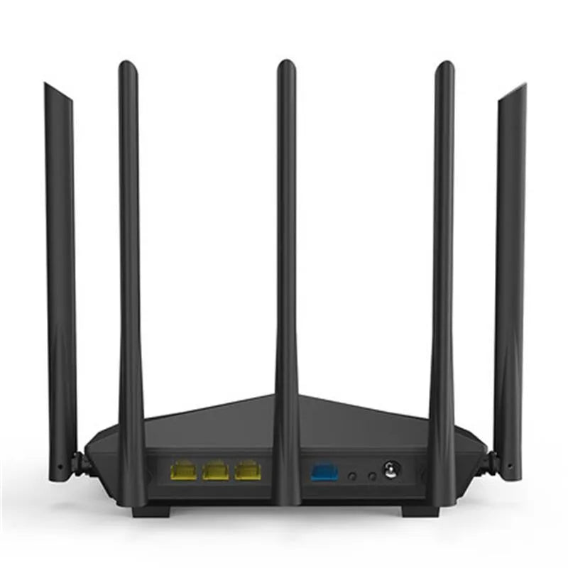 Black AC11 Gigabit wireless router showing Gigabit ports, with AU, EU, UK, and US plug adaptors.