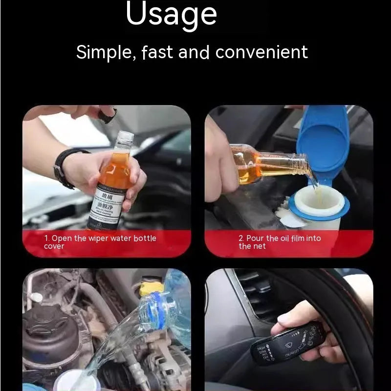 Blue and yellow 150ml bottles of car glass oil film remover cleaner