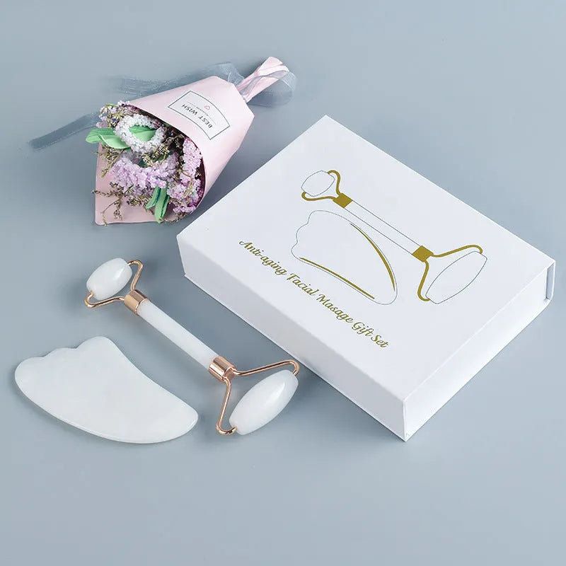 Natural white jade double-headed roller and scraping claw set with storage board.