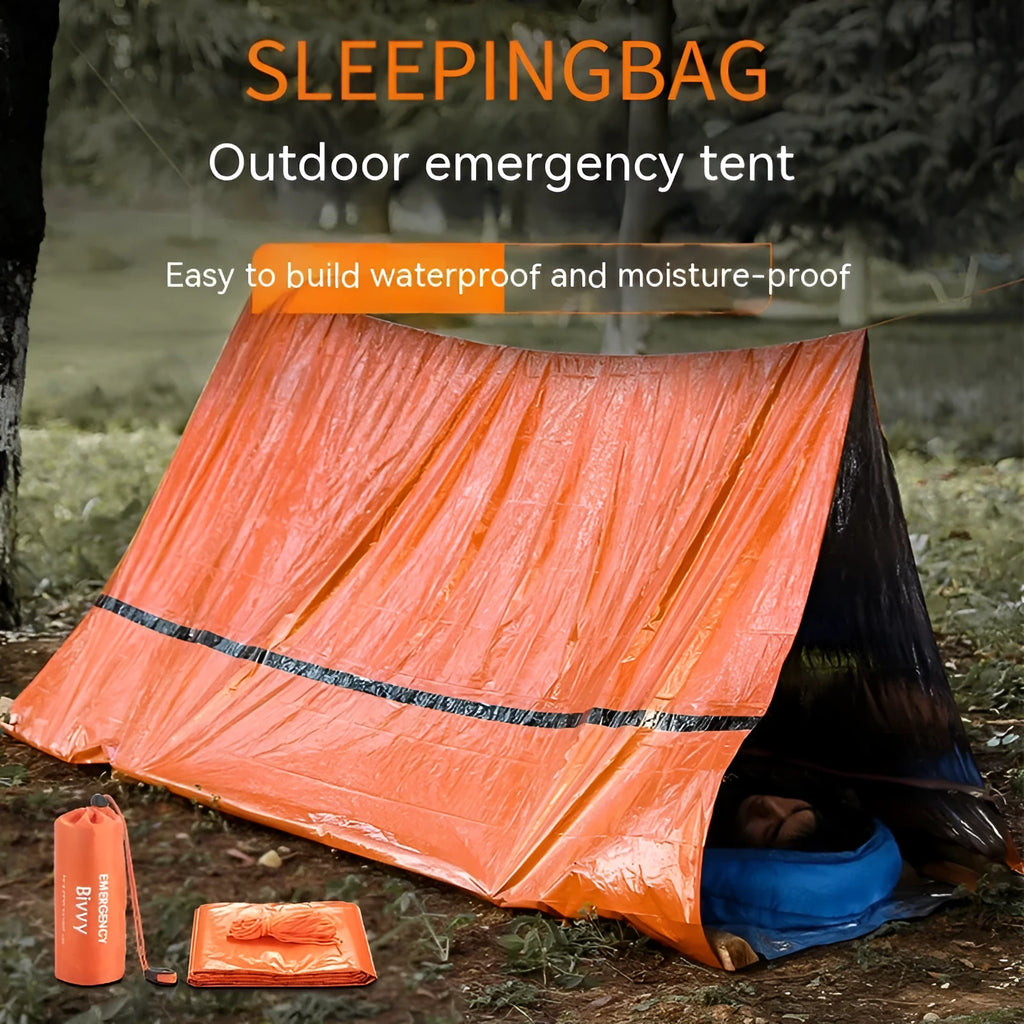 Orange and green emergency disaster relief tent with sleeping bag and raincoat set