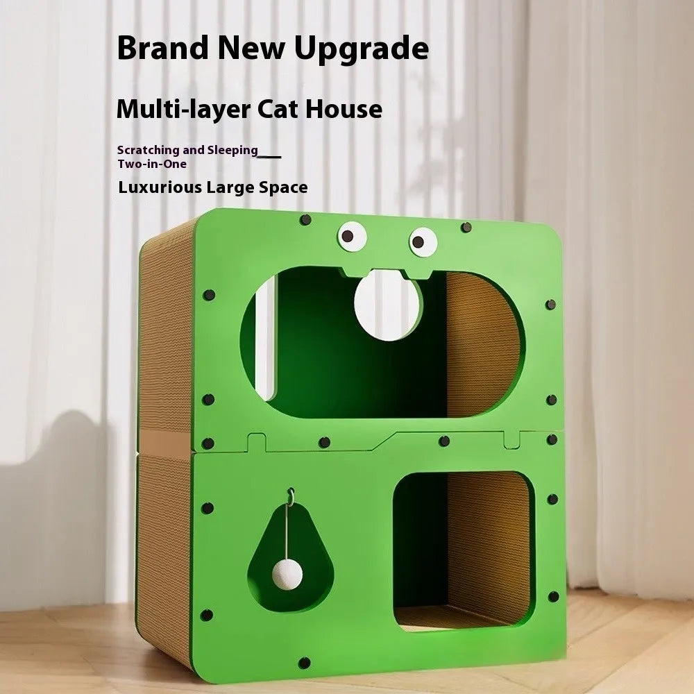 Double-layer cat scratching board nest with wear-resistant surface showing big eyes decorative style option
