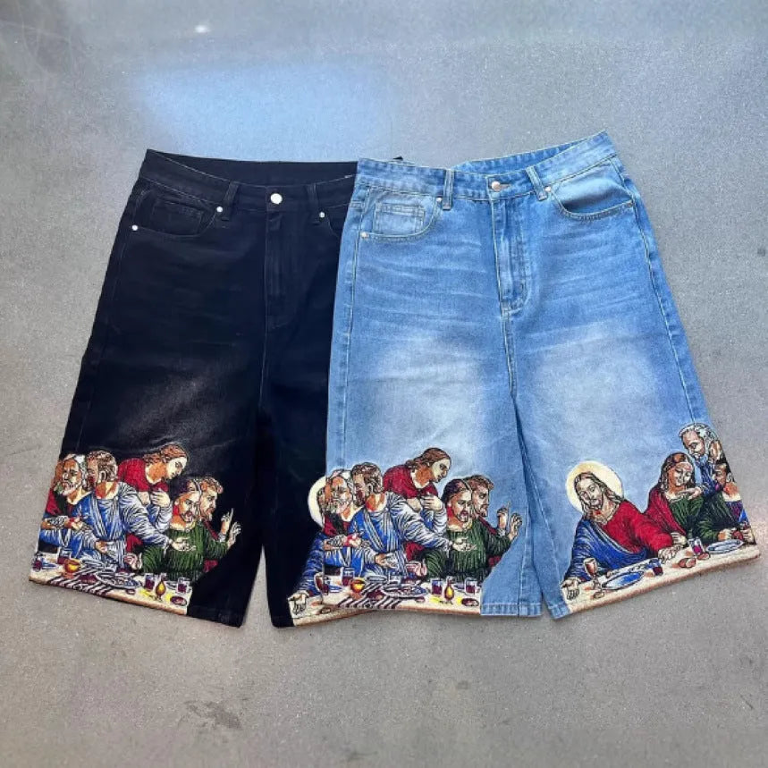 Blue men's cotton tapered shorts featuring a Jesus print on the back pocket.