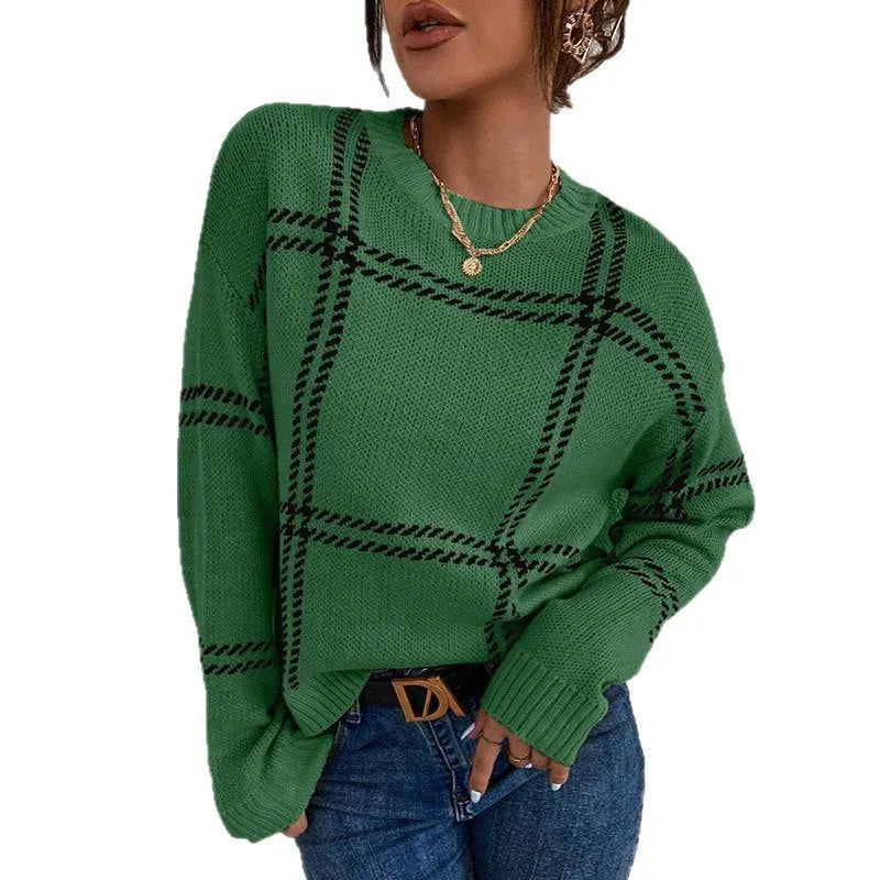 Women's loose-fit plaid colour-block acrylic sweater in multiple colour options