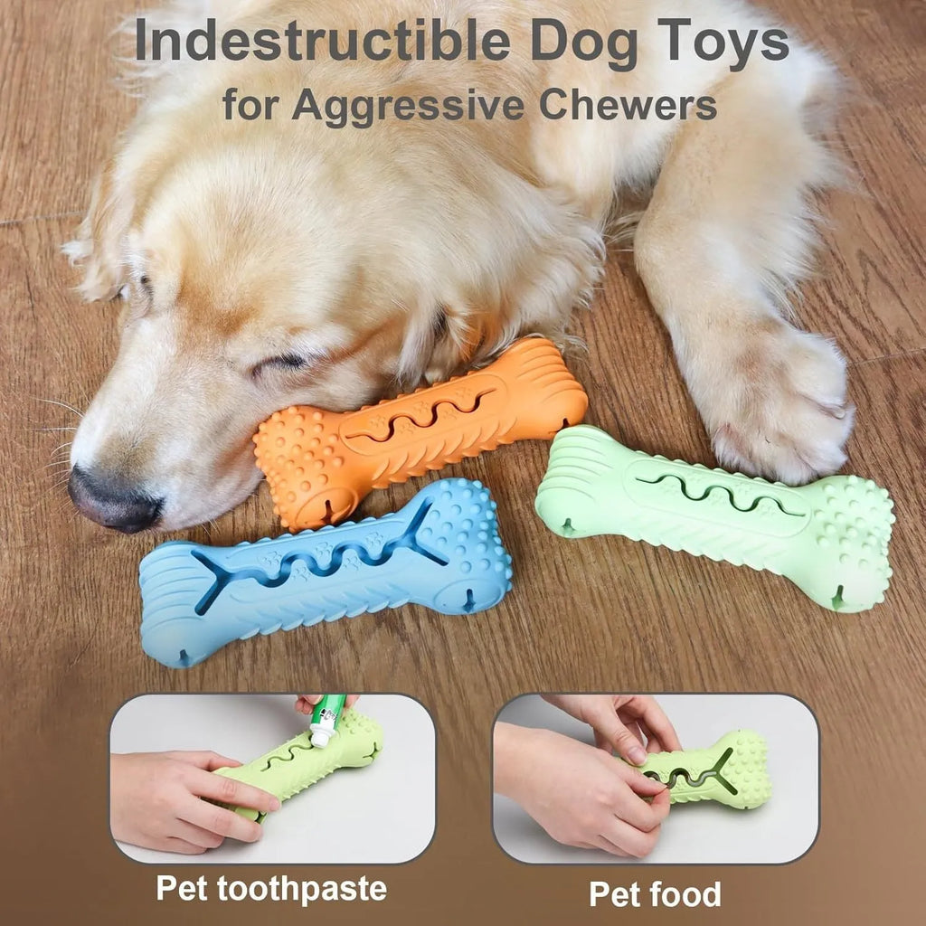 Bone-shaped natural rubber dog chew toy in blue green orange colours