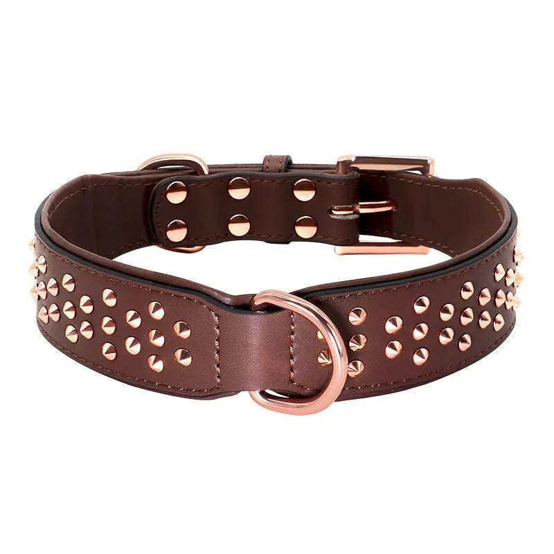 Leather dog collar with metal rivet studs in black, chocolate, or pink colour for large dogs.