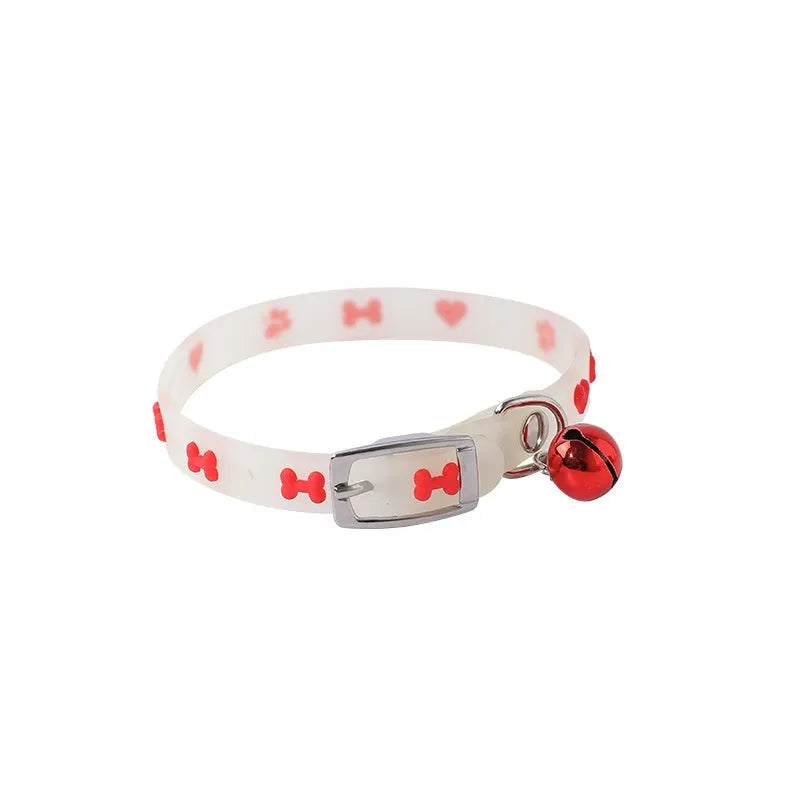 Cat luminous collar with night glow feature showing adjustable silicone chain and metal bell attachment