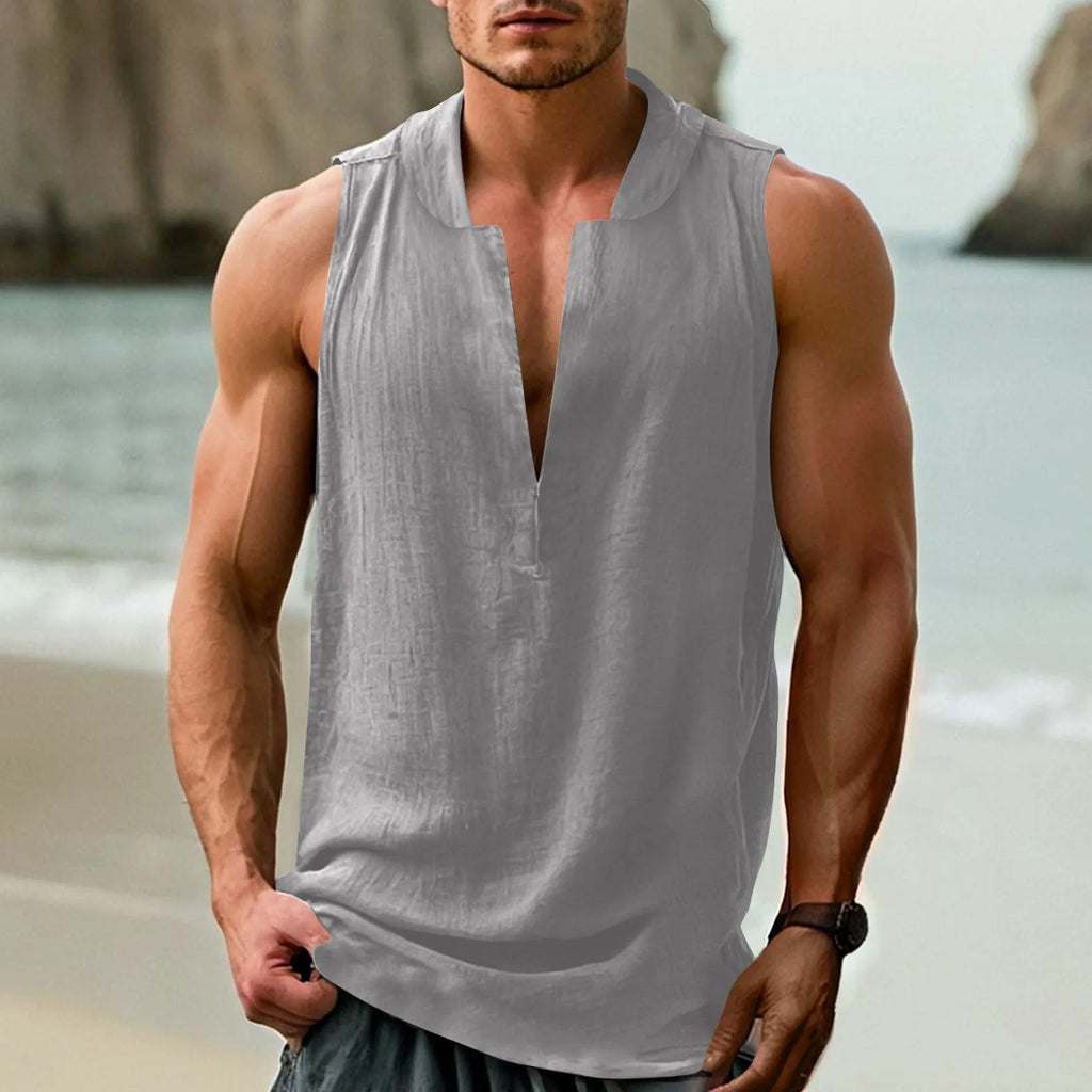 Casual men's sleeveless shirt in cotton linen blend, shown in mint green colour