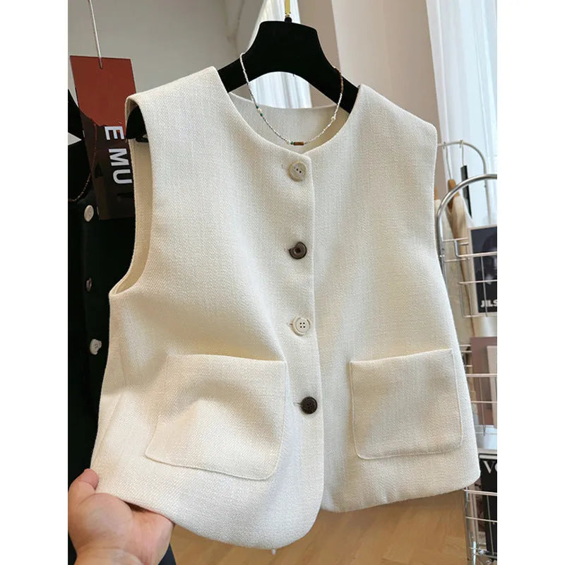 Women's French style round neck sleeveless vest in polyester fabric