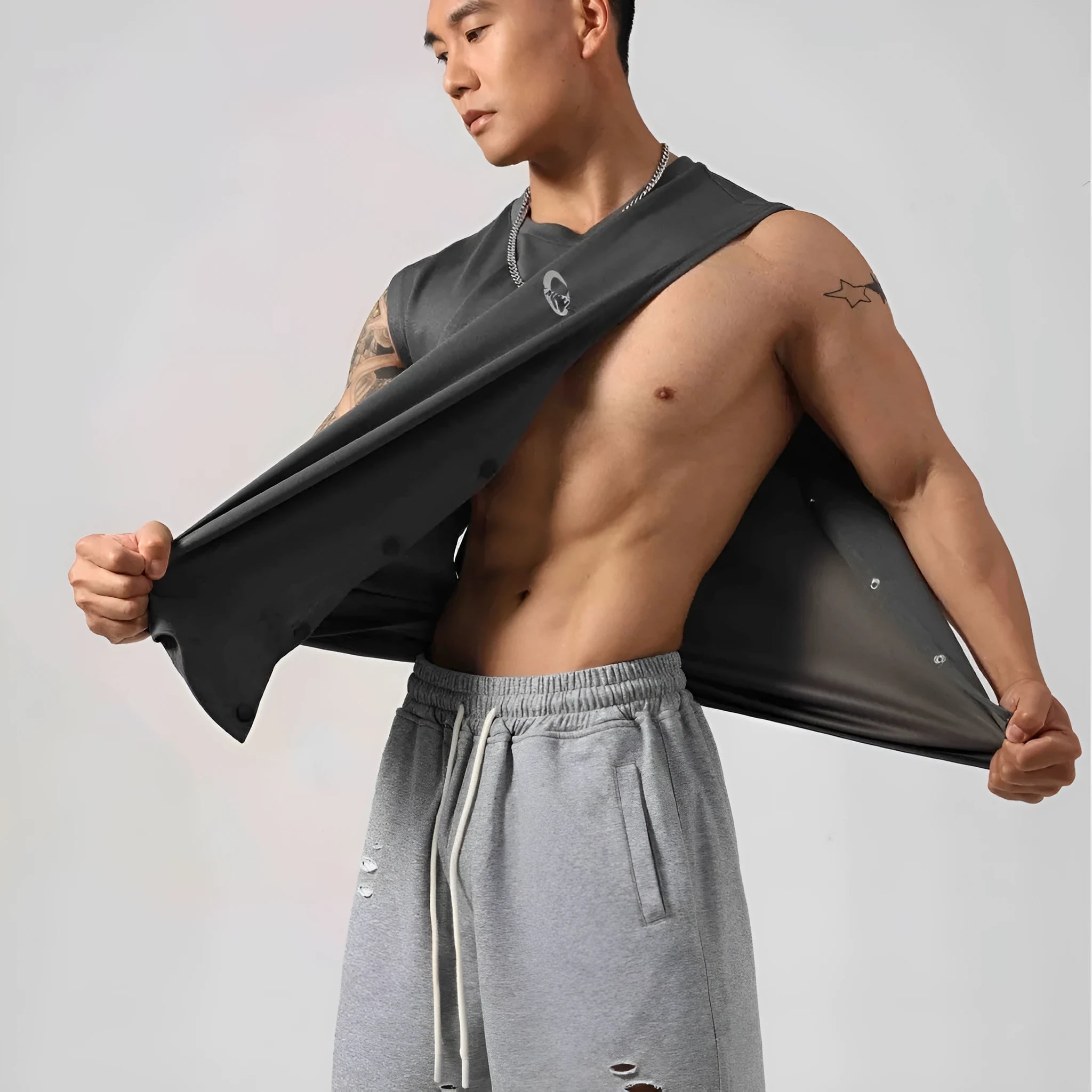 Korean style men's loose cotton fitness vest with hidden hook fastening on the sides