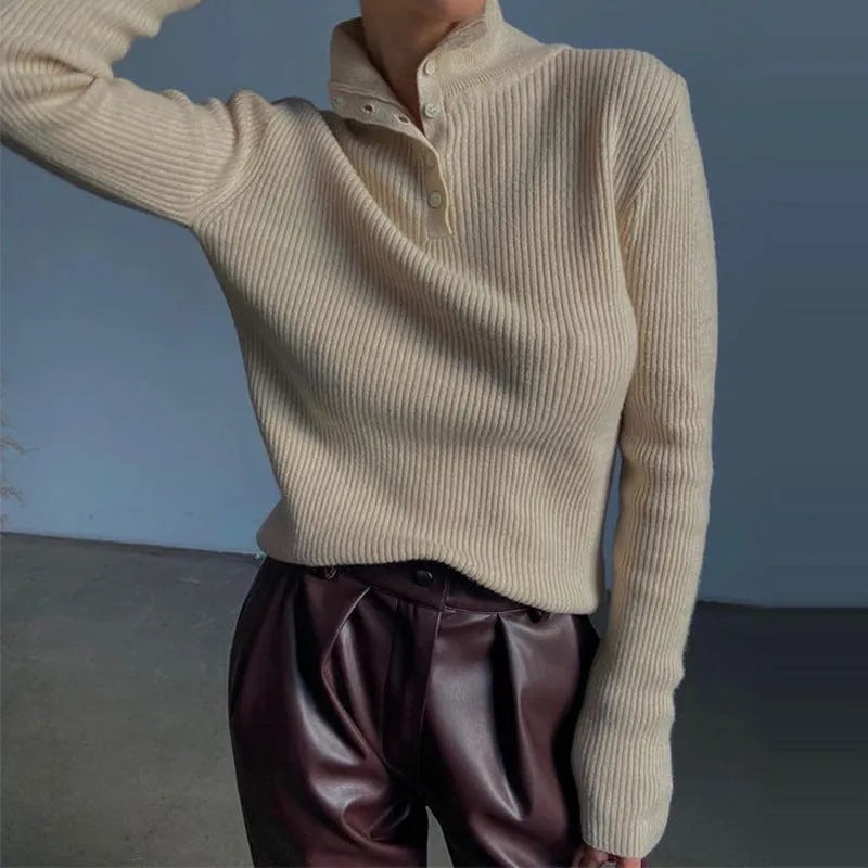 Retro breasted half turtleneck slim fit pullover sweater in silver grey or rice apricot.