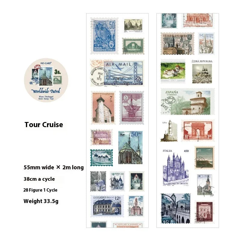 Roll of 55mm wide coated paper stamp for journal decoration with retro butterfly, forest, bird and mushroom designs