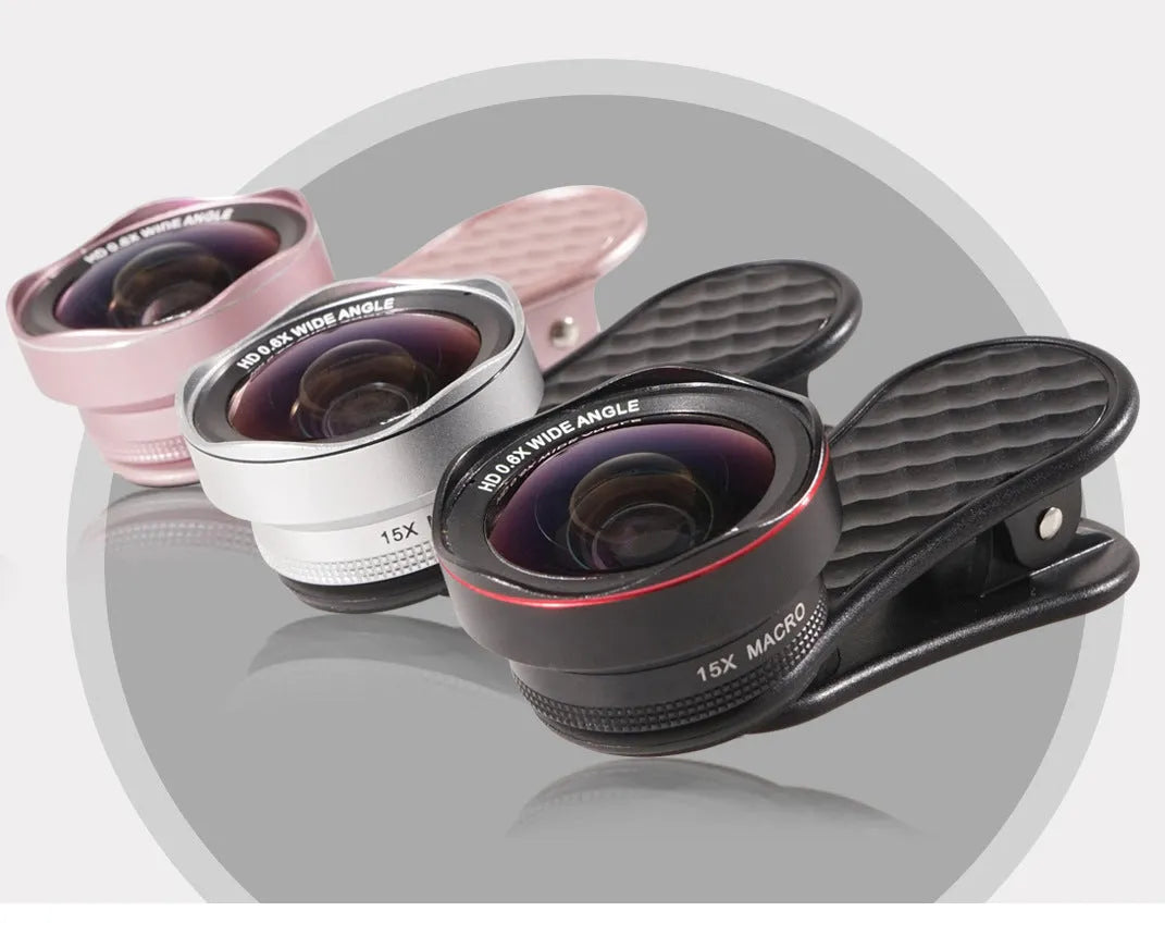 Mobile phone external camera lens set with wide-angle and macro lenses in black silver rose gold finish