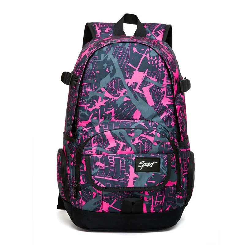 Blue and red classic nylon backpack with large main compartment for school, travel, and outdoor use