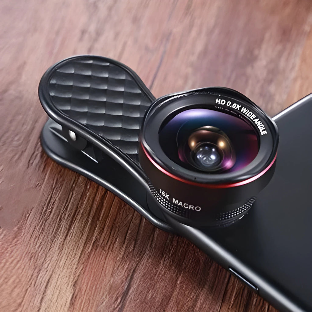 Mobile phone external camera lens set with wide-angle and macro lenses in black silver rose gold finish