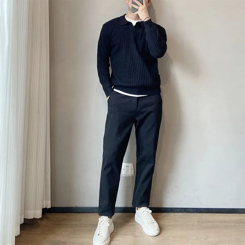 Men's loose fit knitted pullover sweater with texture lapel in light grey colour