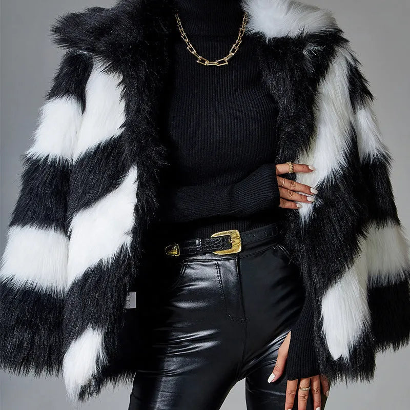 Lapel contrast colour faux fur coat with a textured fur collar, shown in a normal 50cm length.