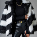 Lapel contrast colour faux fur coat with a textured fur collar, shown in a normal 50cm length.