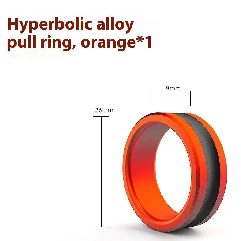 Orange alloy fishing hand guard pull loop tool for hook extraction on a wooden surface.