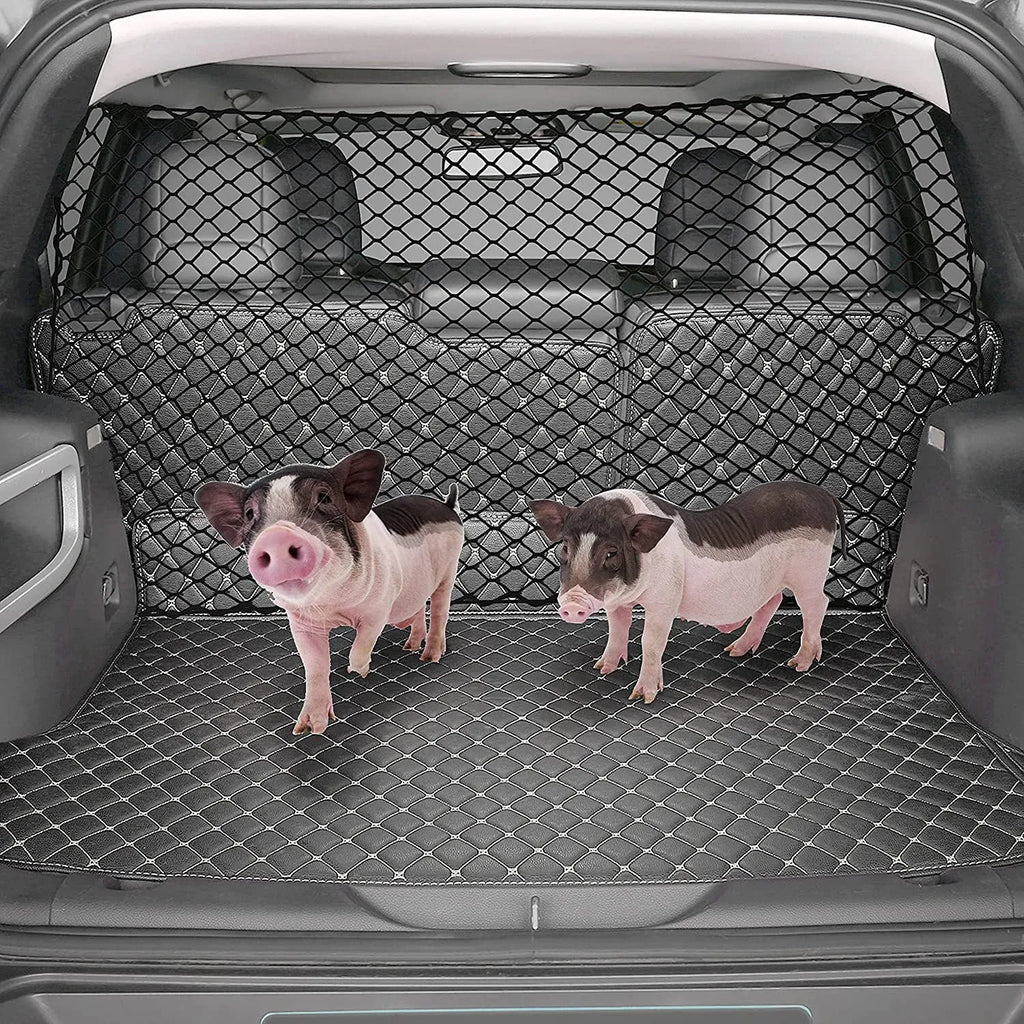 Black mesh dog protective net for car boot, 120cm by 70cm, on white background