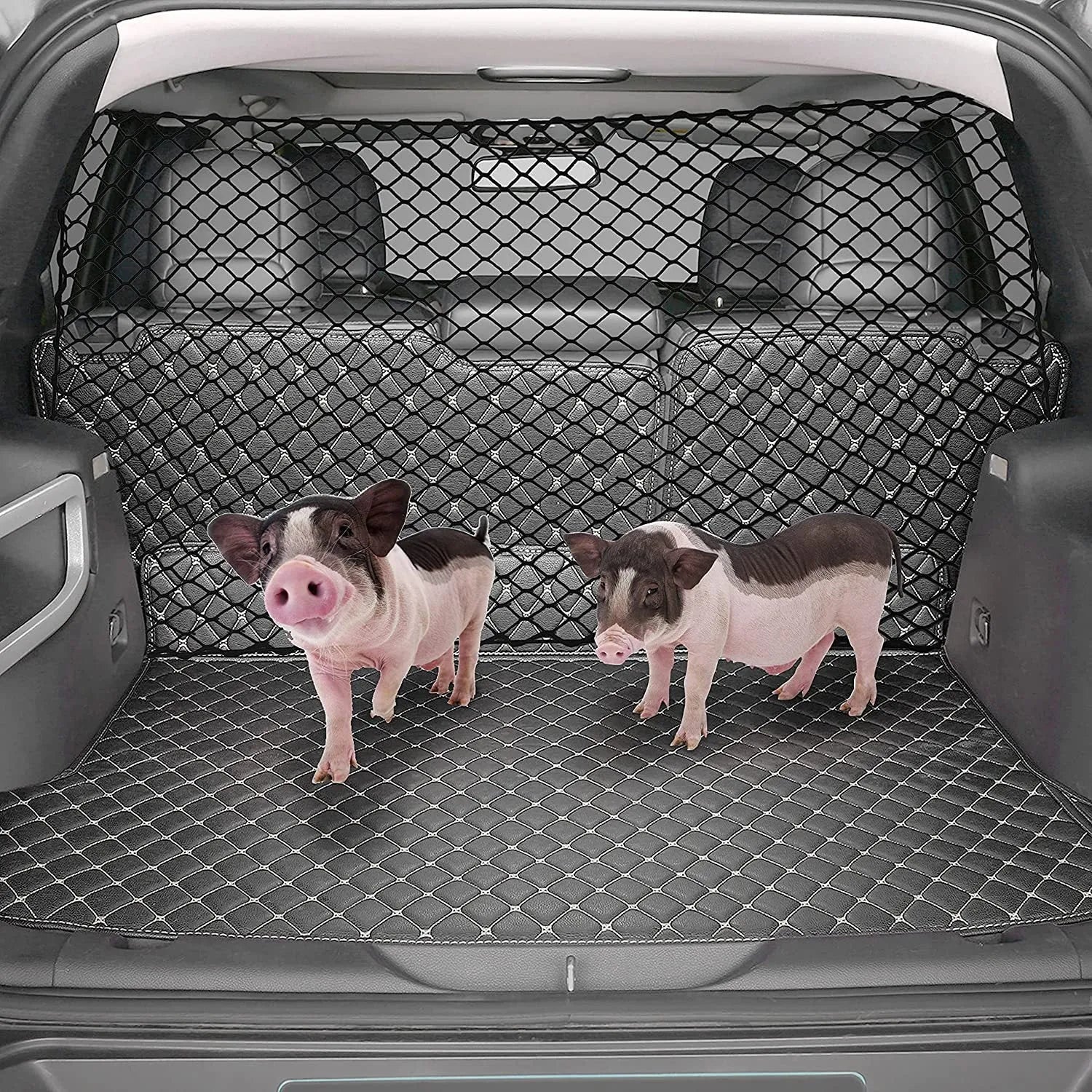 Black mesh dog protective net for car boot, 120cm by 70cm, on white background