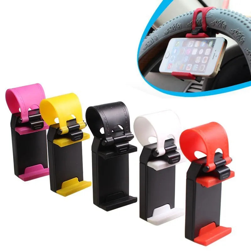Black steering wheel phone holder with silicone pad for smartphone protection measuring 75x40x25mm