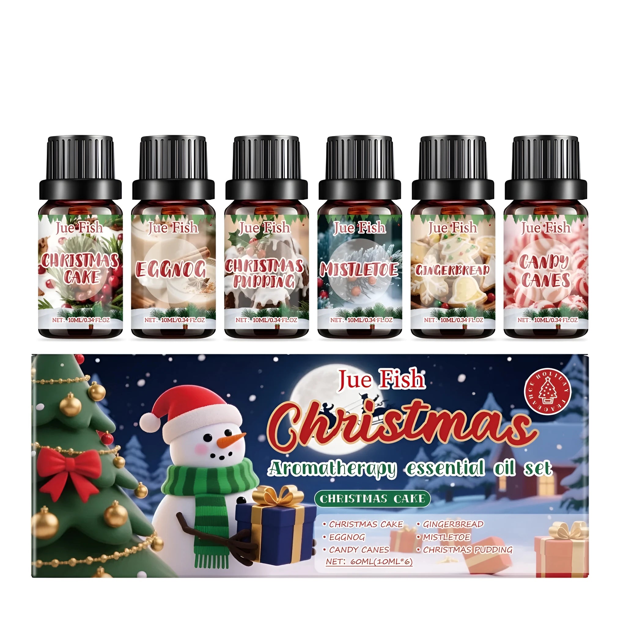 Christmas essential oil set showing six 10ml bottles with different festive scents including Gingerbread and Christmas Cake