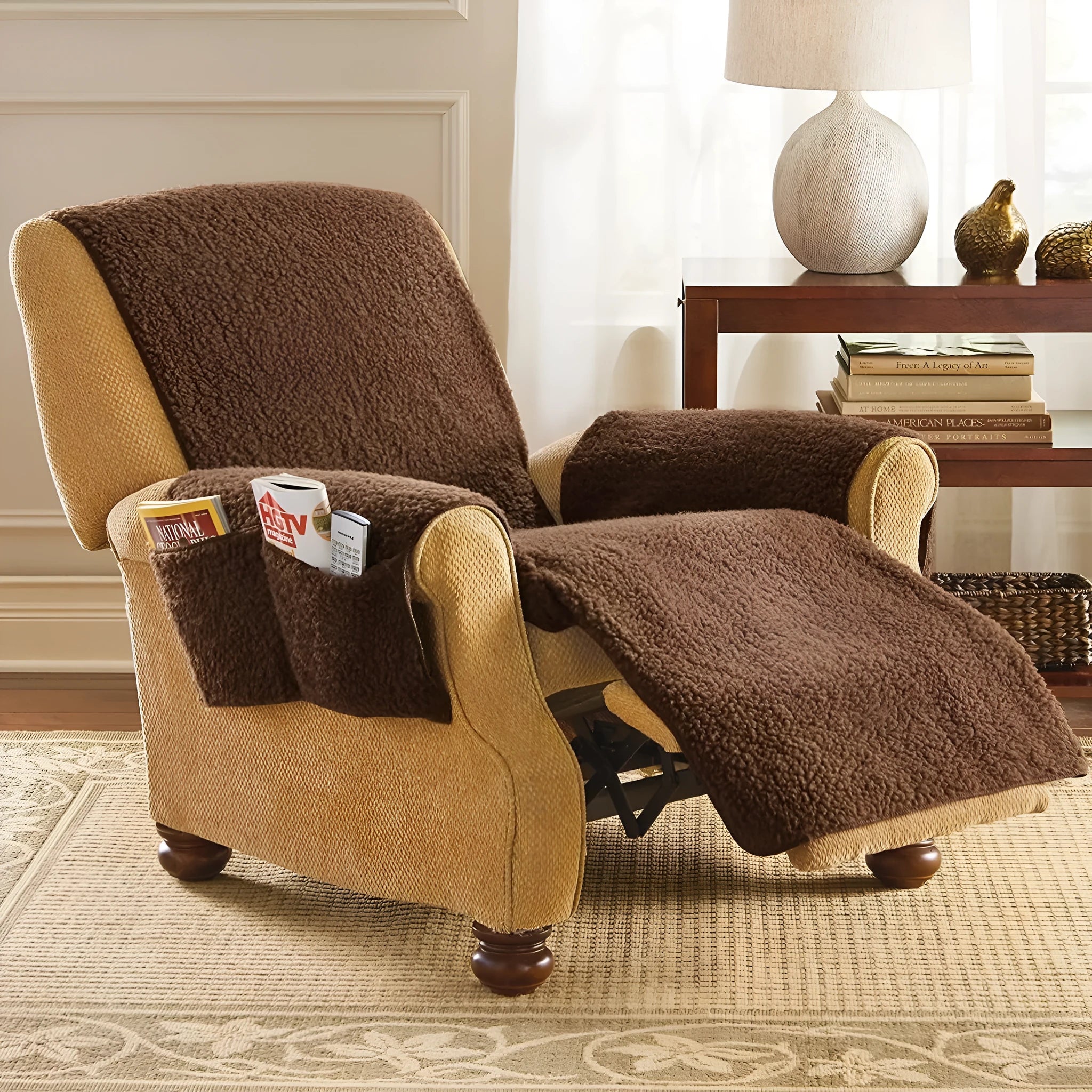 Lambswool beige polyester sofa cushion cover fitted on a 64cm wide seat