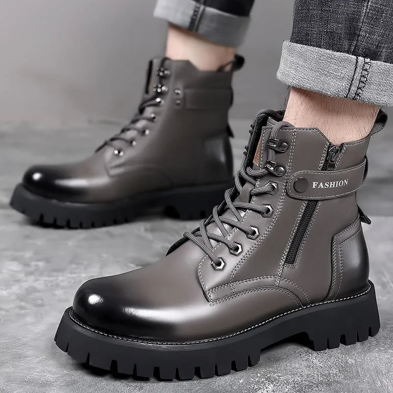 Men's light brown leather high-top Martin boots with side zipper and thick rubber sole