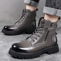 Men's light brown leather high-top Martin boots with side zipper and thick rubber sole