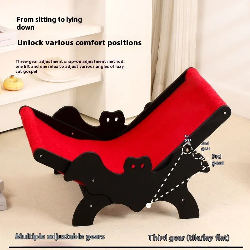Solid wooden cat lounge chair with bat-wing Halloween design in black and red colours