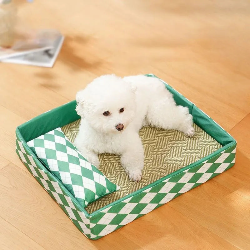 Blue rattan cat litter mat with integrated sleeping nest beside a litter tray, showing size scale.