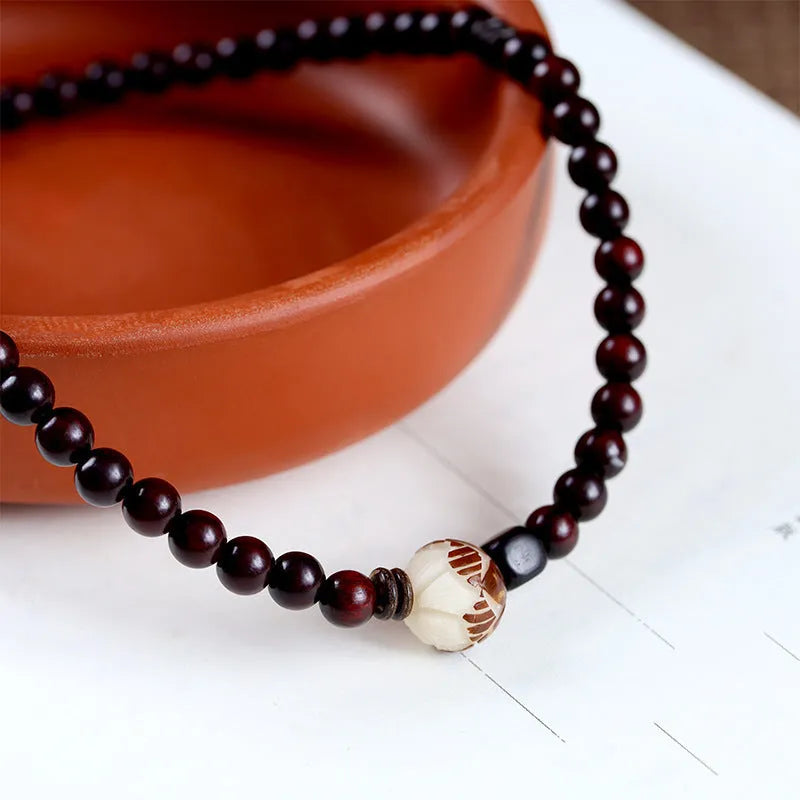 Rosewood double-ring bracelet with 10mm beads and retro floral pattern