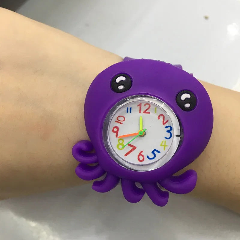 3D cute cartoon kids silicone watch with a 3.6cm face in a Black panda design showing the time on a white background