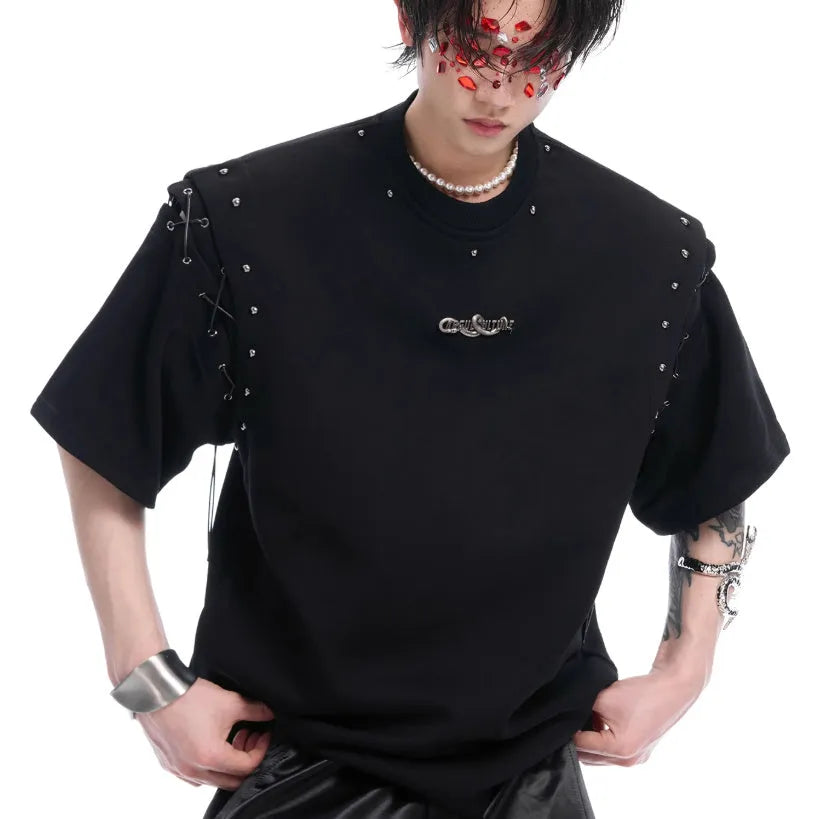 Black short sleeve t-shirt with a vertical lace-up cutout detail on the front.
