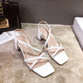 Women's apricot thick heel sandals with a high over 8cm heel and one-word strap.