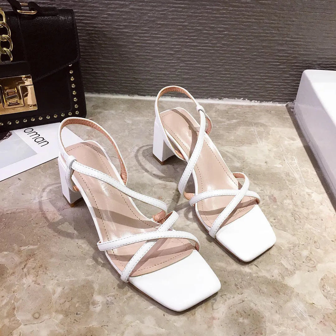 Women's apricot thick heel sandals with a high over 8cm heel and one-word strap.