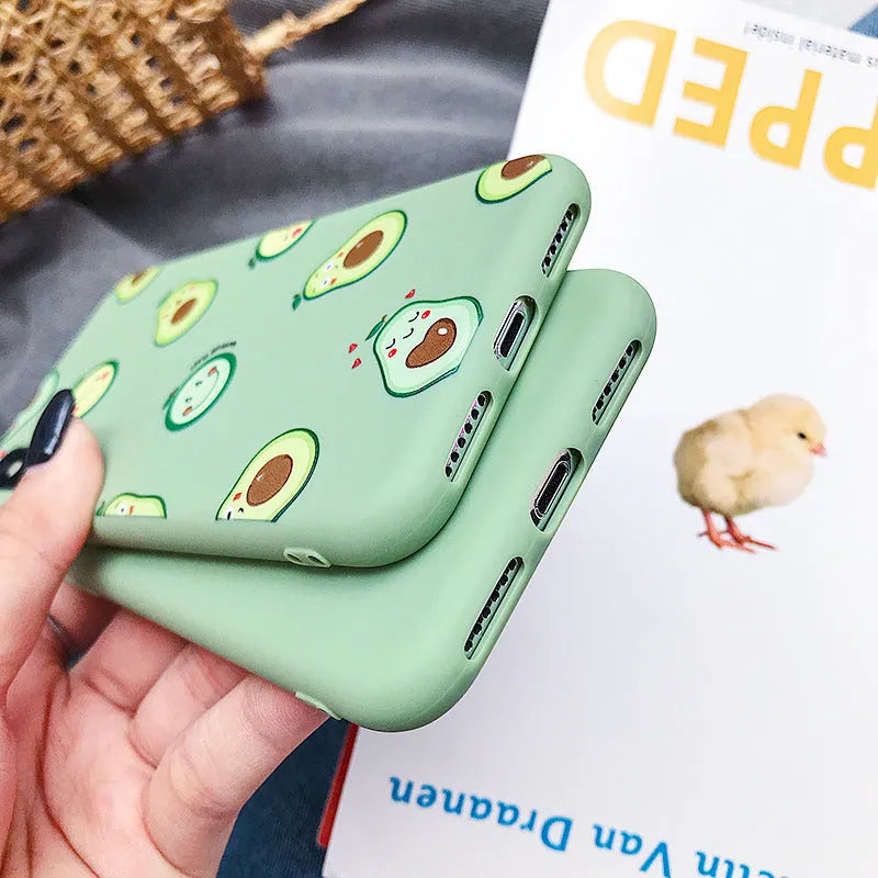 Avocado cartoon design TPU iPhone case showing back cover with painted artwork compatible with multiple iPhone models