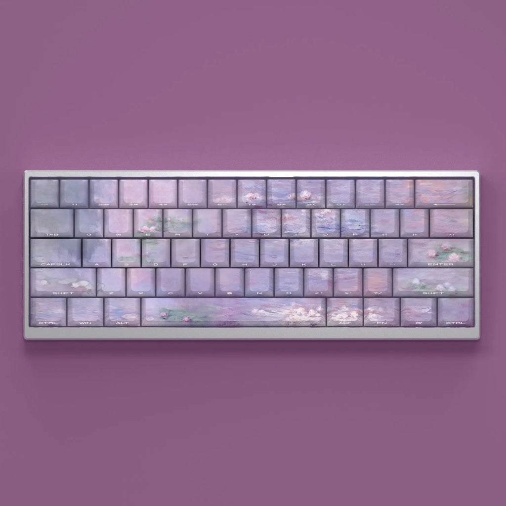 Wenshao Sleeping Lotus PBT keycap set with side-carved transparent legends, 130 keys for mechanical keyboards.