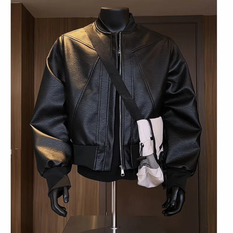 Men's black PU litchi grain leather jacket with extended 100cm length and tight fit