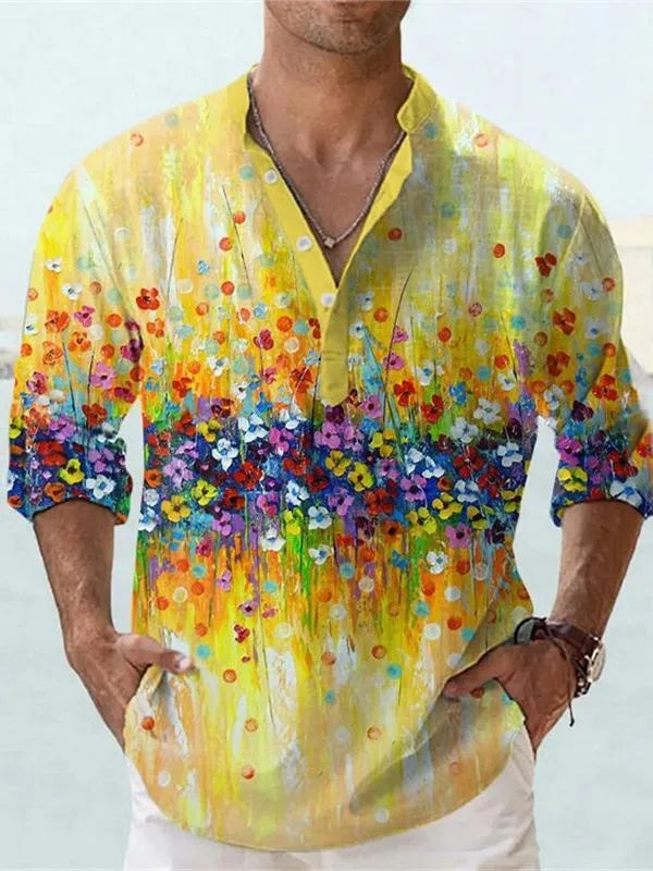 Men's bamboo hemp short sleeve shirt with striped pattern from 3D thermal transfer