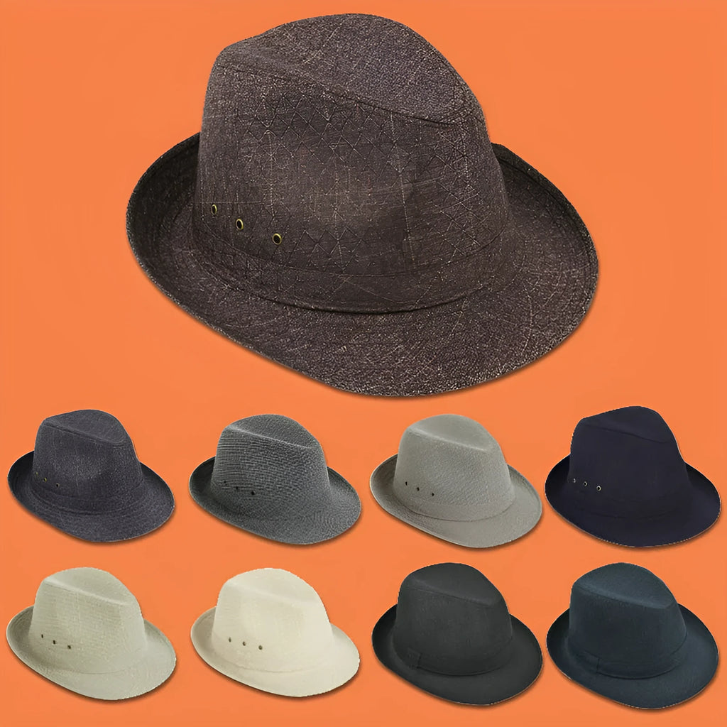 Classic brown suit material fedora hat for men on a grey background.