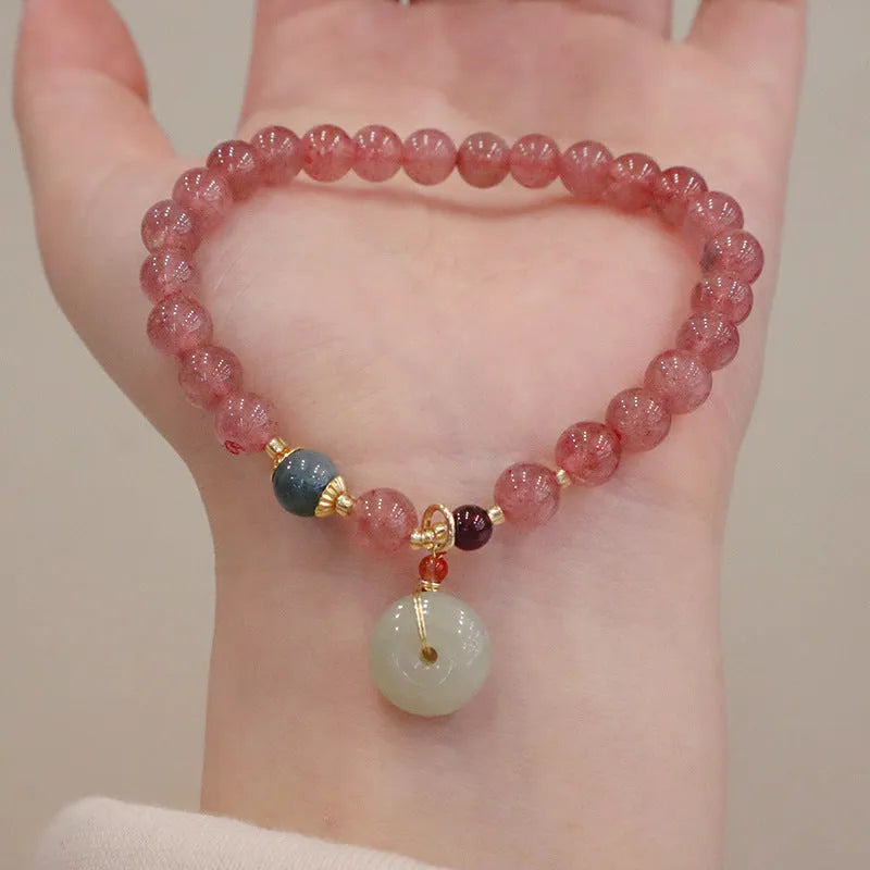 Women's strawberry quartz purse bracelet with geometric shapes and safety buckle