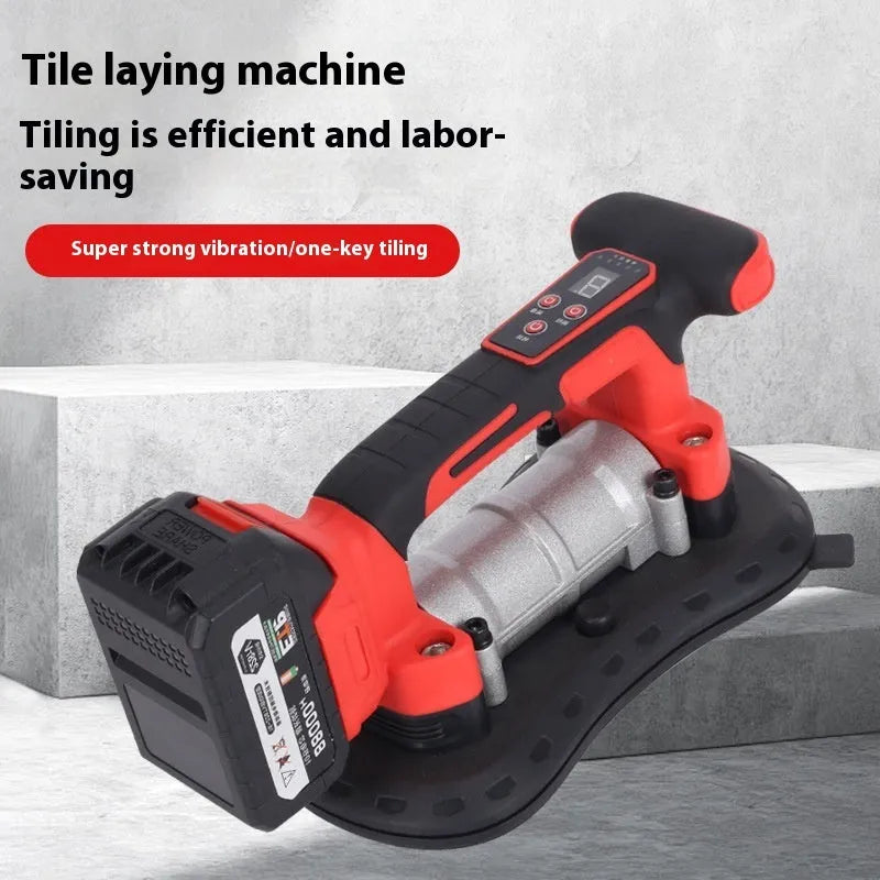 A cordless tile laying machine with a suction head, designed for installing floor and wall tiles up to 200cm in size.