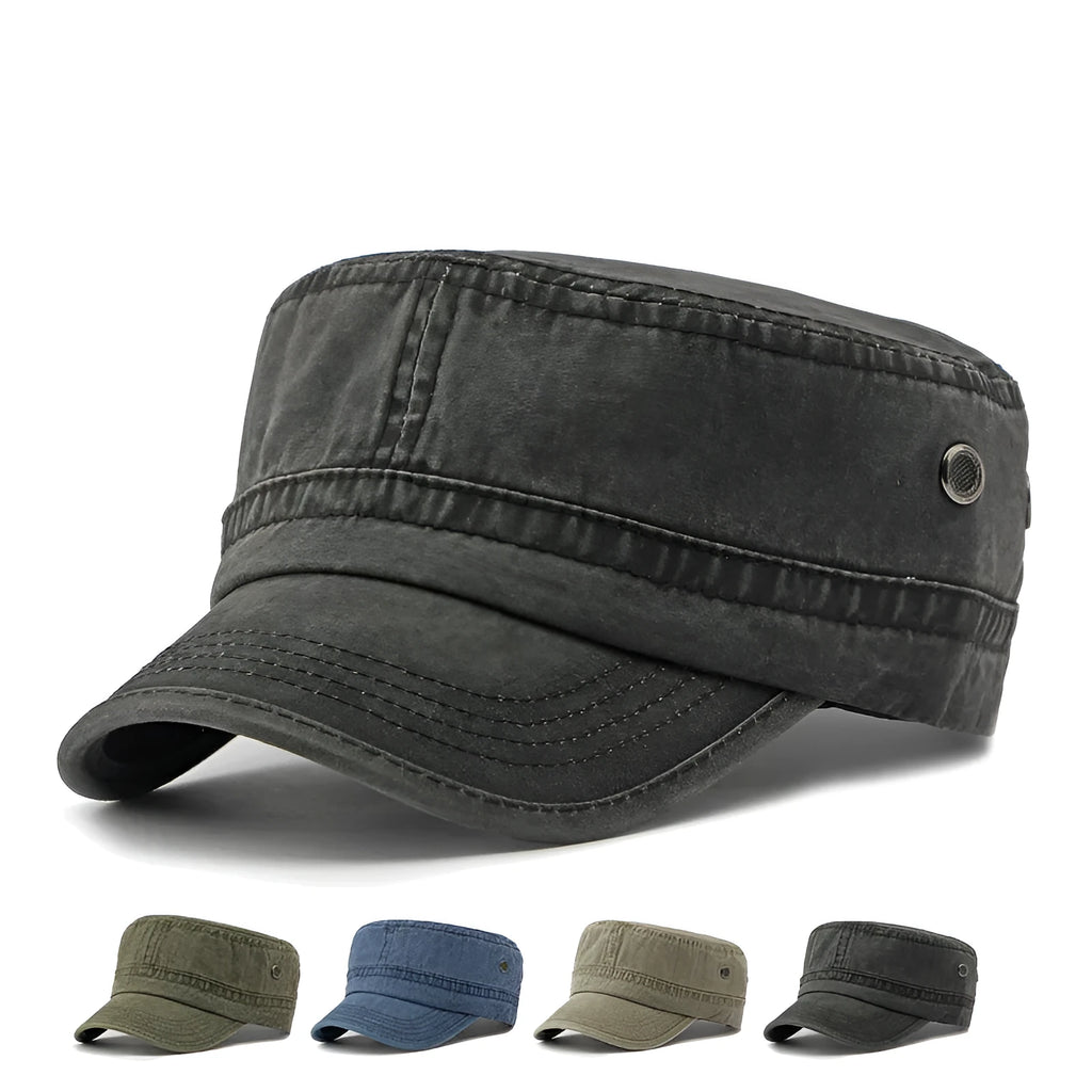 Cotton flat top military cap in army green with adjustable back strap
