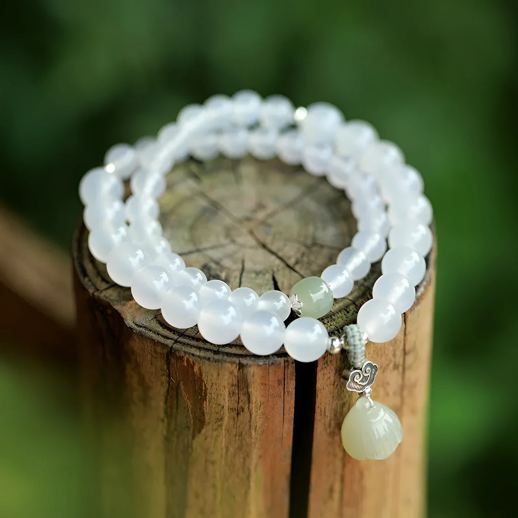 Original niche design S925 silver white agate Hetian jade bracelet with lotus geometry pattern